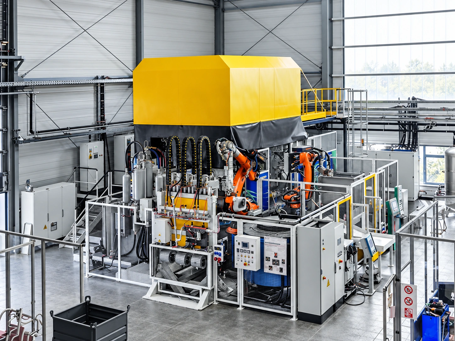 Illustrative die casting equipment with protective fencing, robots and peripheral systems.