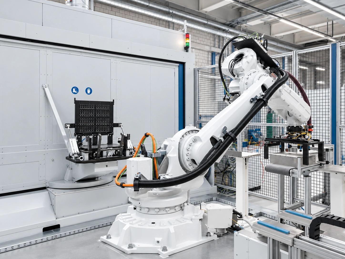 Illustrative robotic handling cell with a mechanical arm, mounting base and protective fencing.