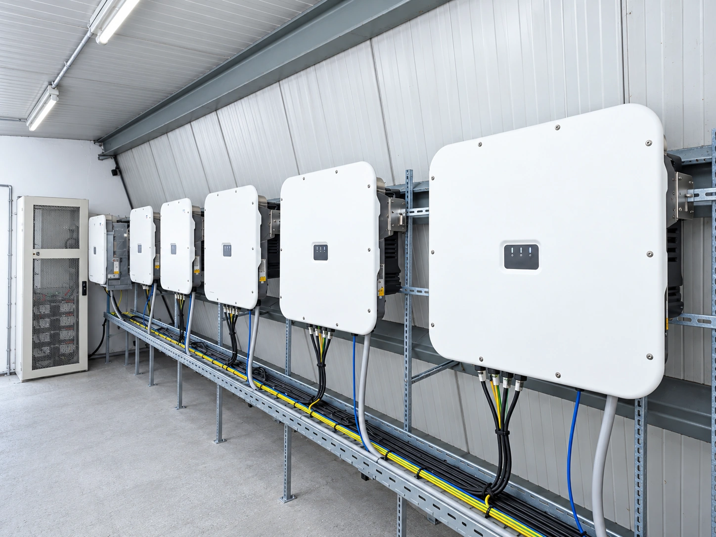 Illustrative power electronics enclosures with mounting rails and cable trays.