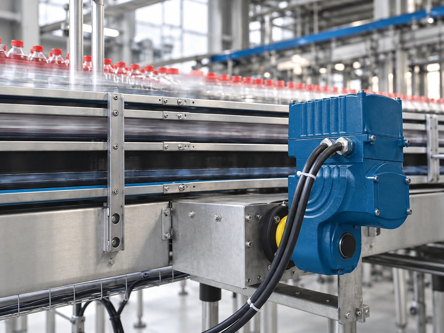 Illustrative blue geared drive mounted alongside a stainless conveyor.