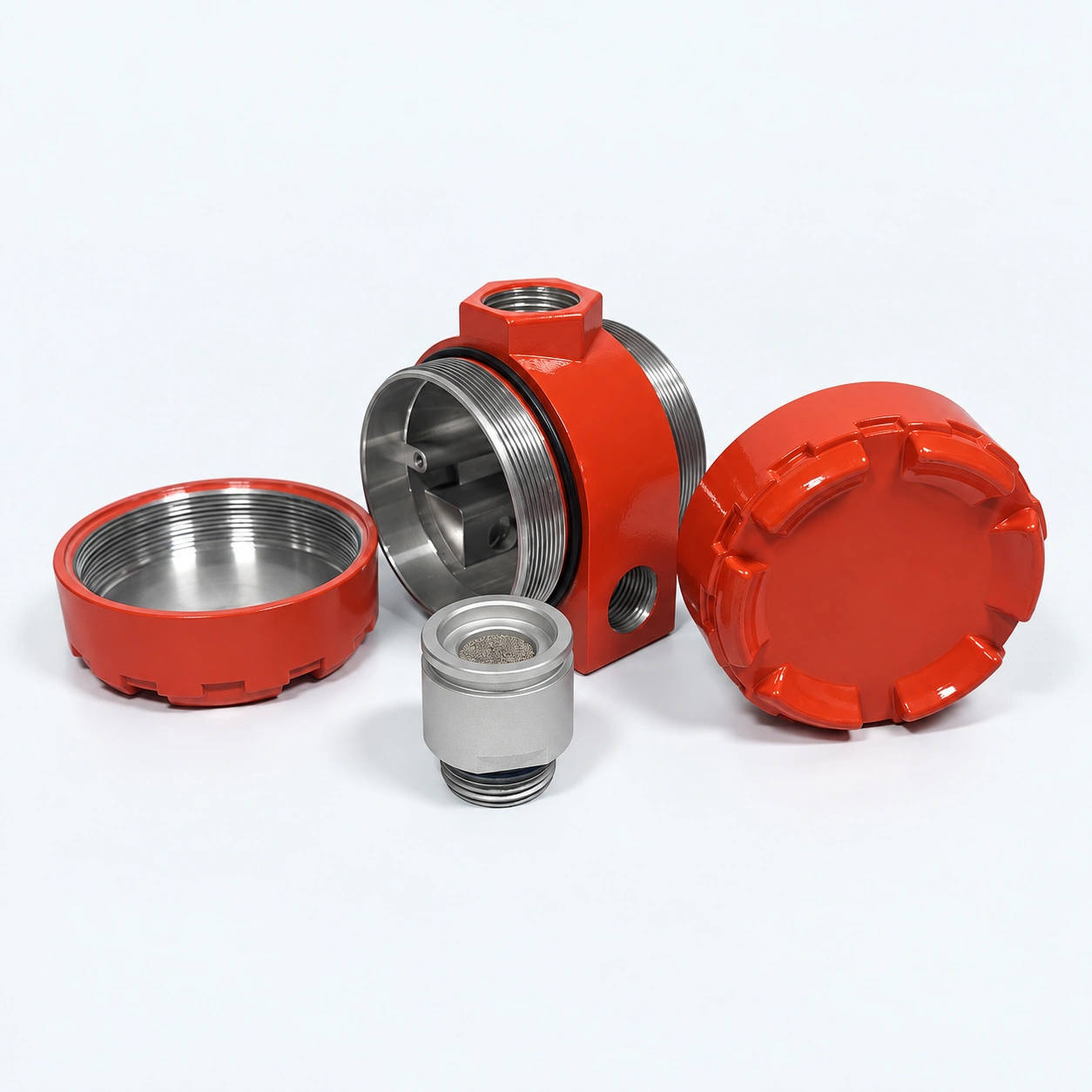 Red instrument housing body with separate covers and a silver threaded fitting.