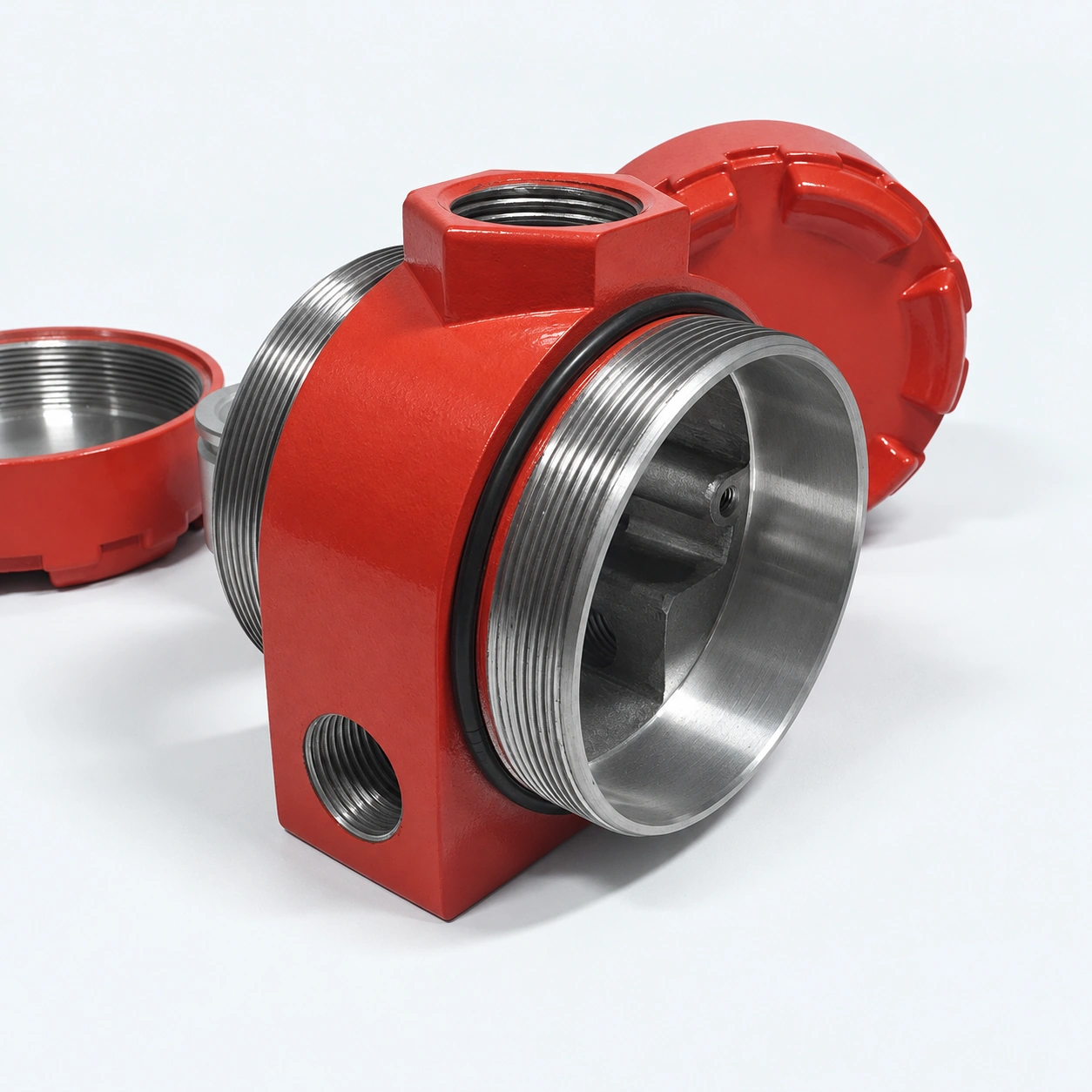 Threaded mouth and ports of a red instrument housing with mating covers.