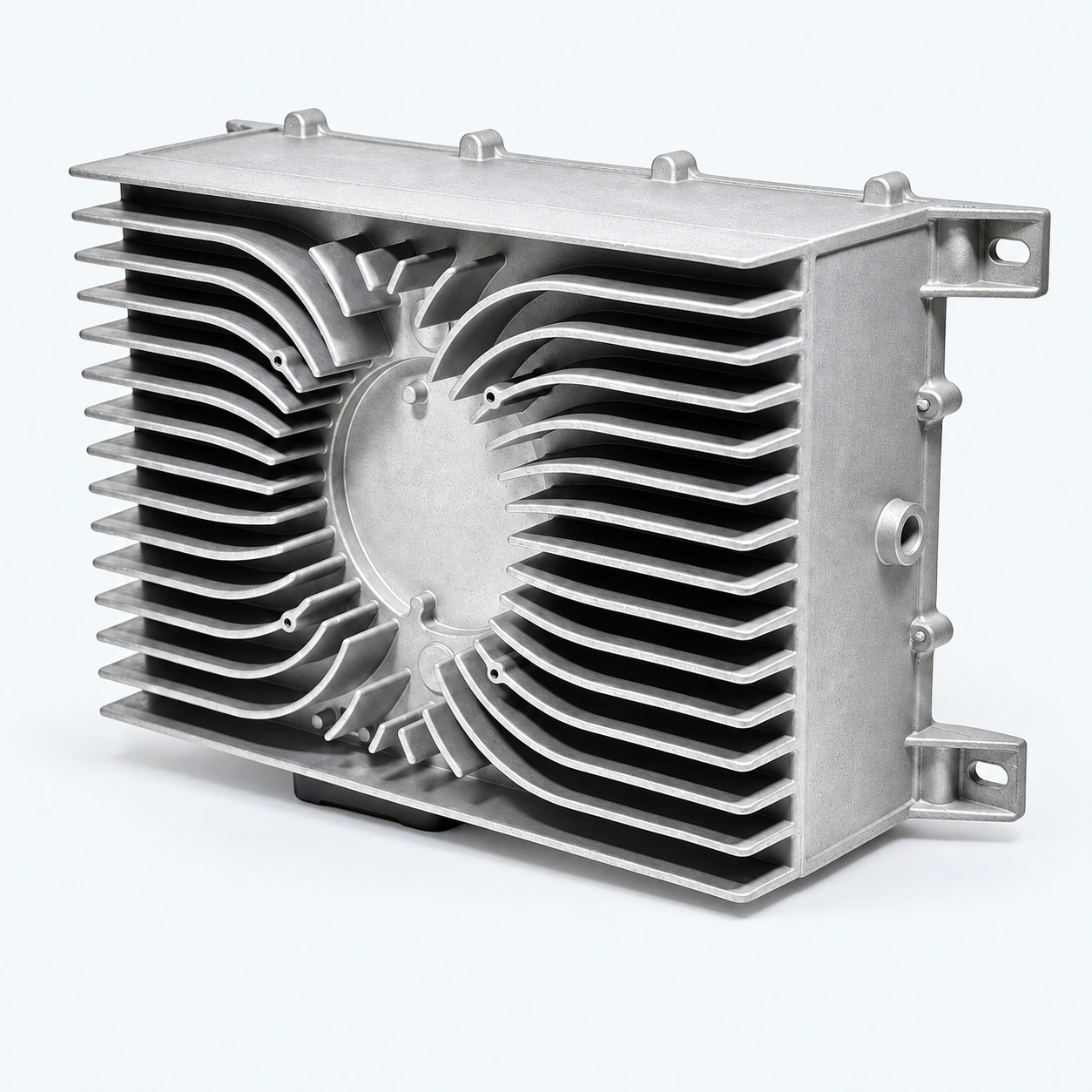 OBC housing with cast cooling fins and mounting features.