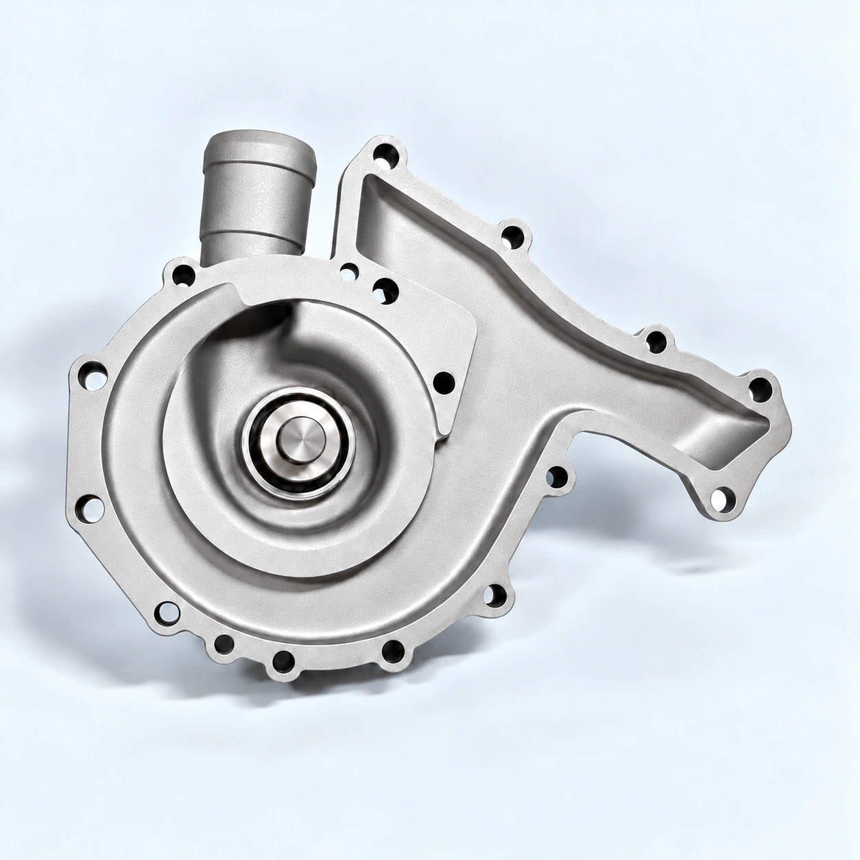 Pump housing cavity view with a bright silver central shaft end and perimeter mounting holes.