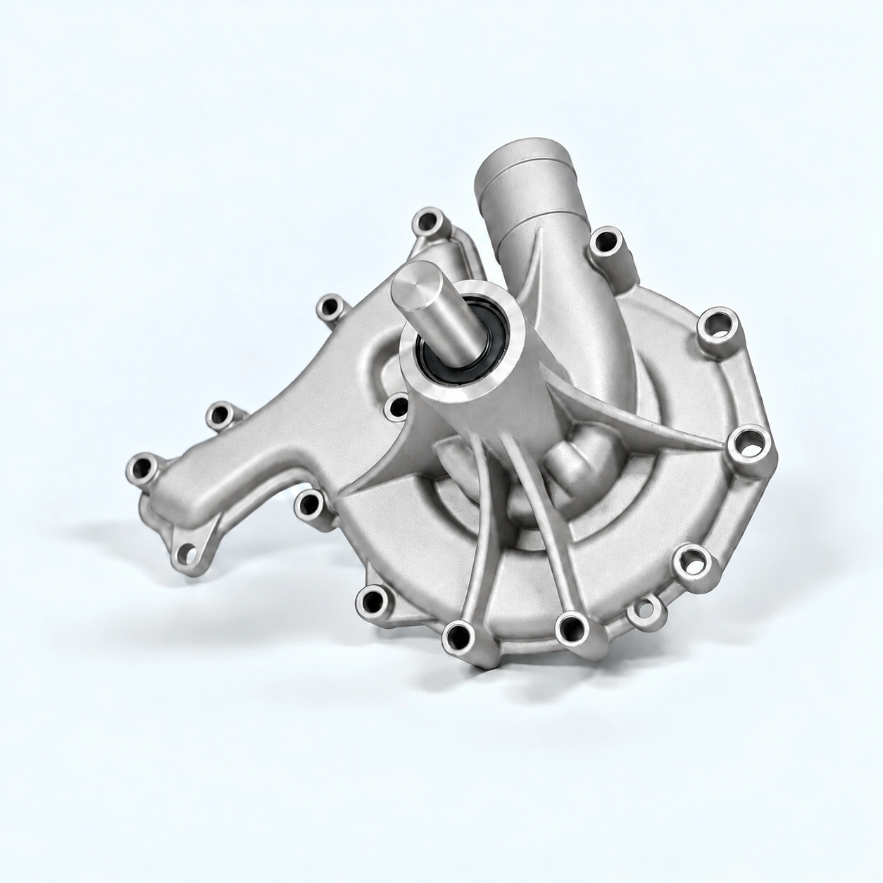 Rear view of a pump housing with a bright silver machined shaft and reinforcing ribs.