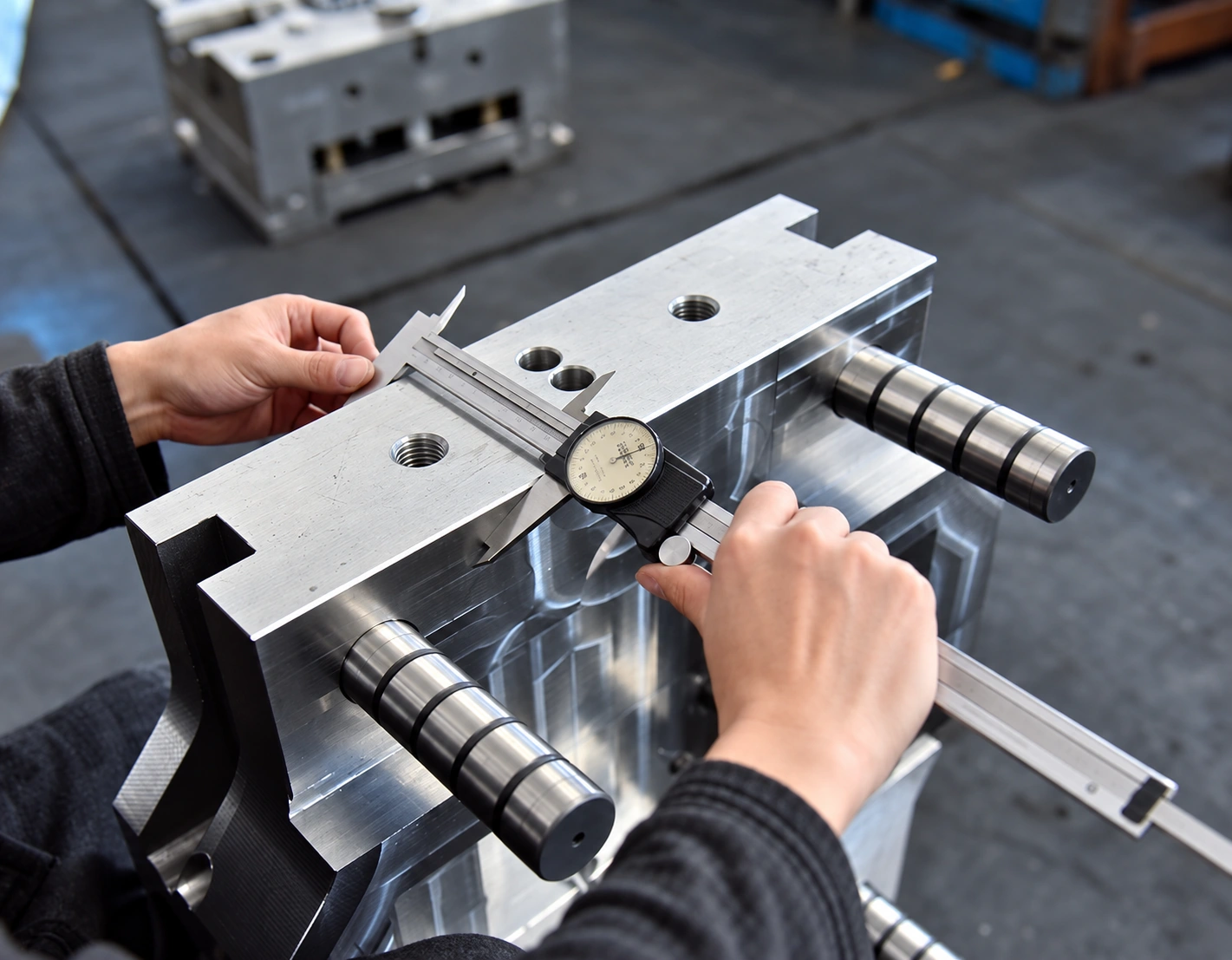 Hands checking a die-casting mold with a dial caliper.