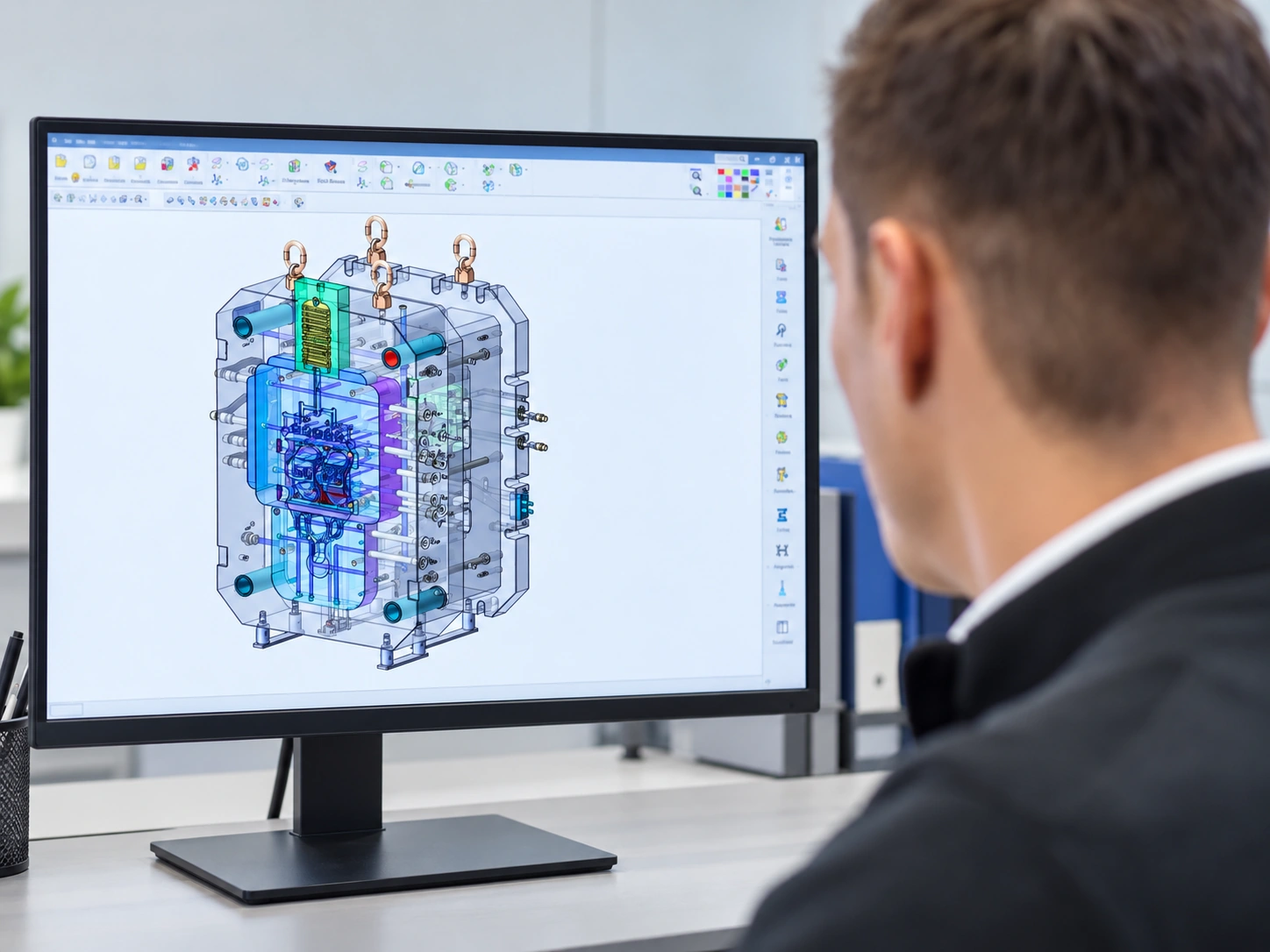 Illustrative tooling design workstation with a three-dimensional die assembly on screen.