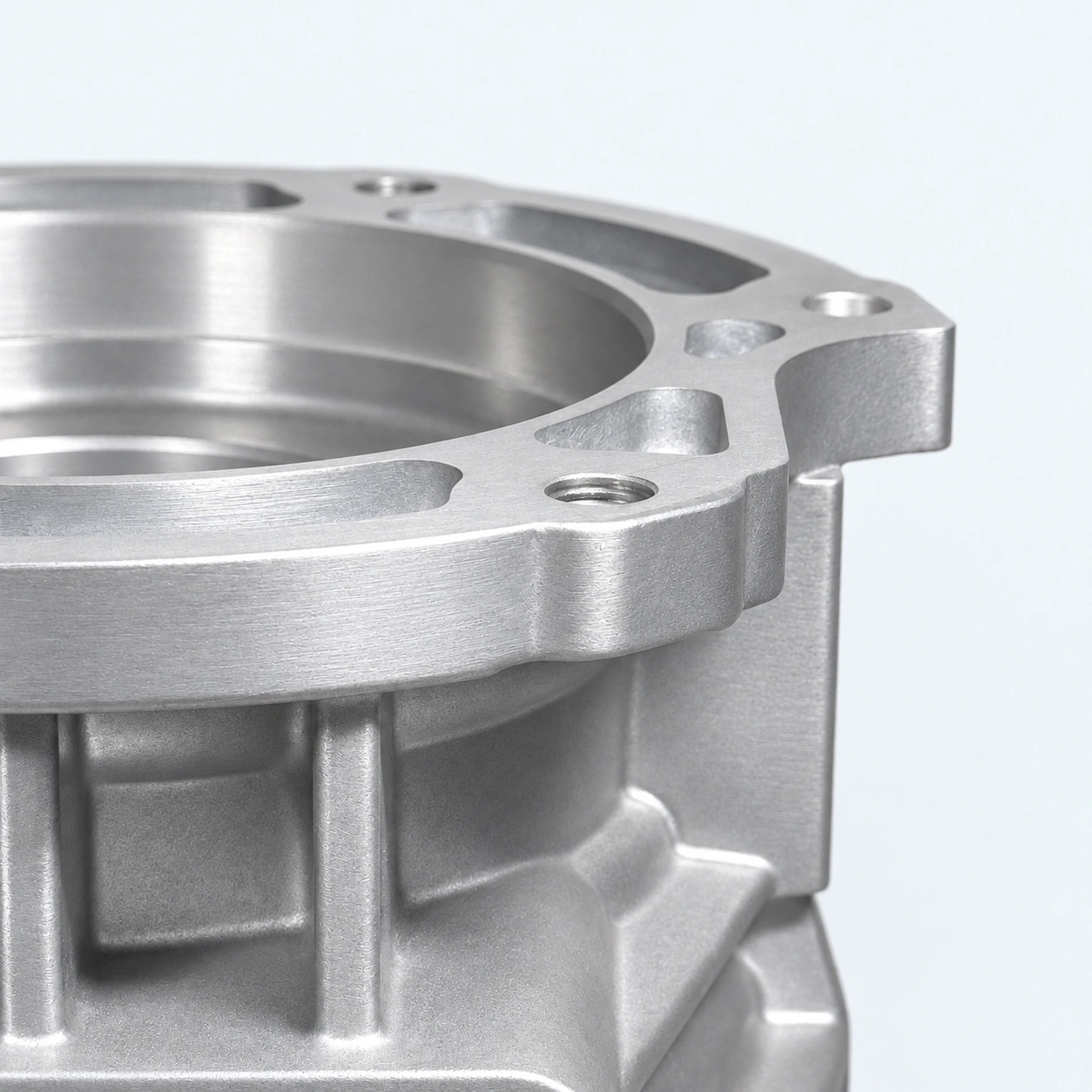 Close view of the machined flange and bolt holes on a transmission housing.