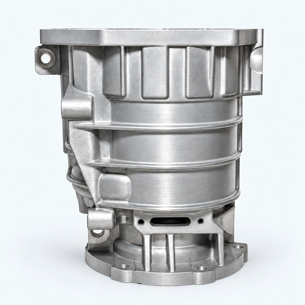 Cylindrical transmission housing with ribs and mounting flanges.