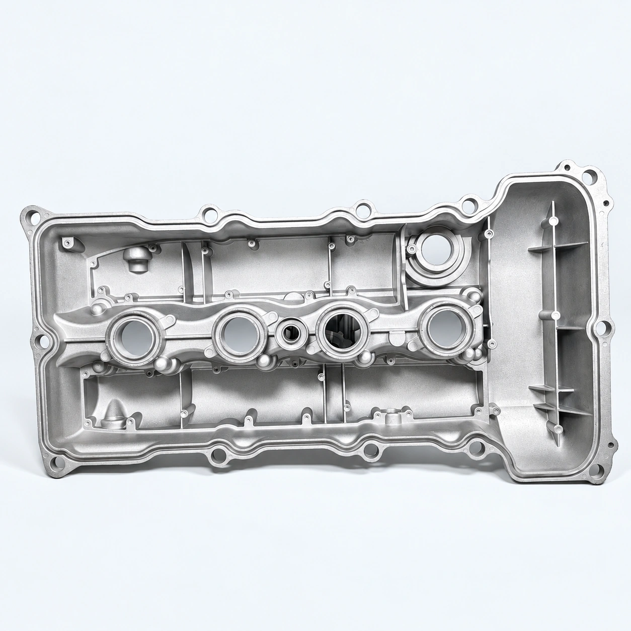 Underside of an aluminum engine valve cover showing the perimeter sealing track and internal ribs.